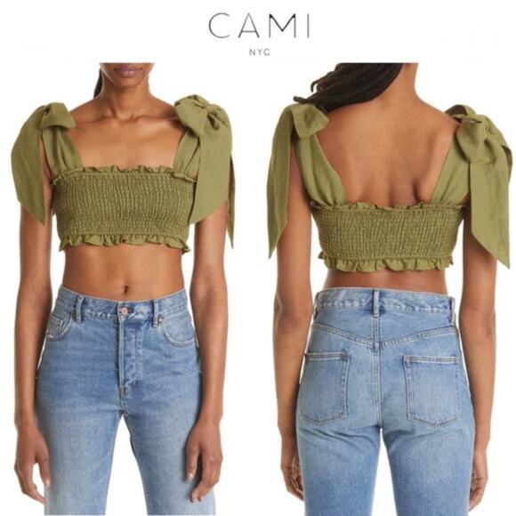 CAMI NYC Benita Smocked Crop Top In Green Large $220 retail (b17) - Picture 3 of 9